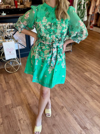 Stand Collar A-Line Dress, Emerald Bloom