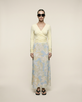 Butter Satin Bias Cut Skirt, Celeste Print