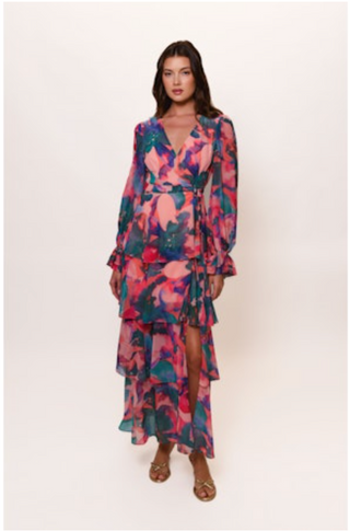 Bardot Dress in Peach Watercolor Abstract Floral