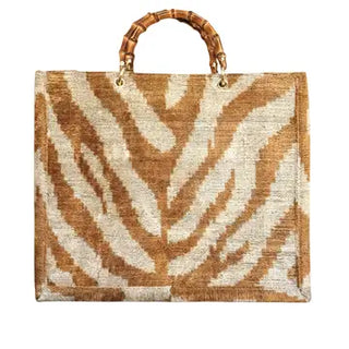 Silk Velvet Ikat Large Tote Bag With Bamboo Handle - Gold Print