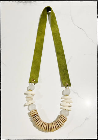 Suede Strap Necklace Bone Glass Beads Coconut Wood- Green