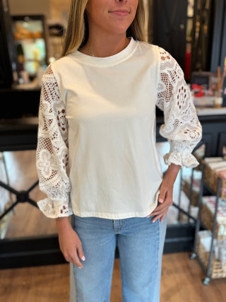 Laced Sleeve Pullover, White