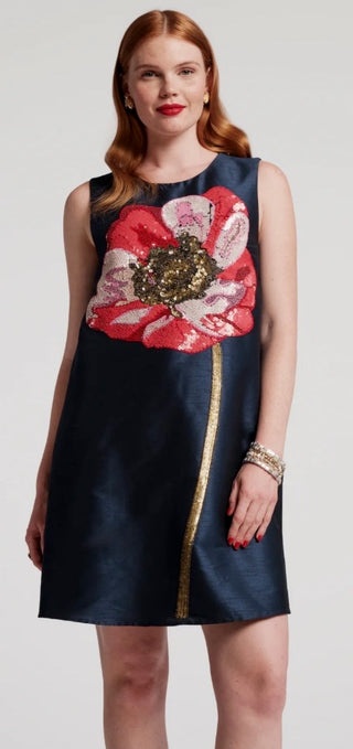 Alice Shift Dress w/Sequin Flower Paradise Poppy Poly Dupion Navy/Multi