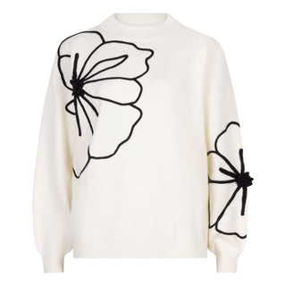 White Sweater with Black Flower Patch