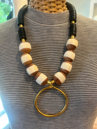 Brass Pendant Wood Bead & Stripe African Bone Necklace Black