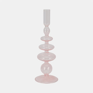 Glass Vintage Sculptural Taper Candle Holder - Pink, 11 in.
