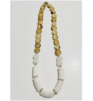 Tan Brown Bone Flat Bead Long Statement Necklace Coconut